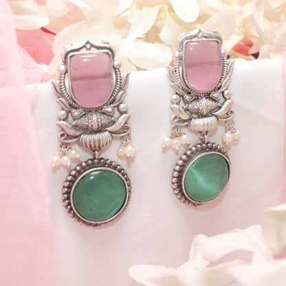 GULDASTA TWO STONE DANGLER EARRING - PINK & GREEN