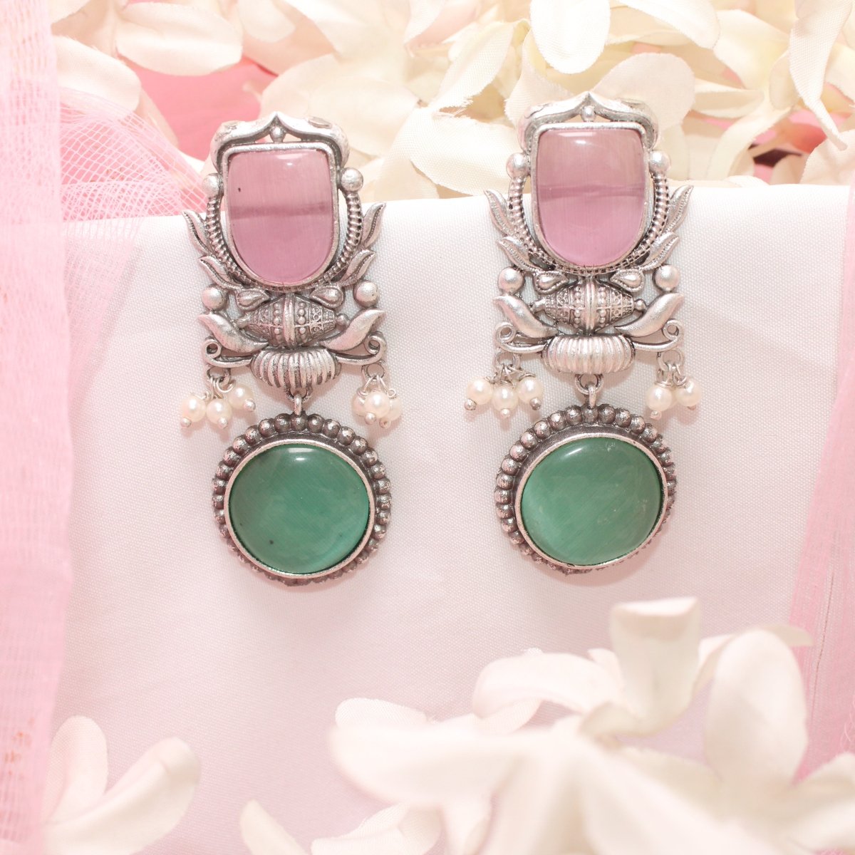 GULDASTA TWO STONE DANGLER EARRING - PINK & GREEN