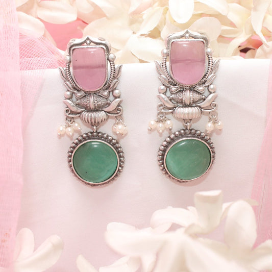 GULDASTA TWO STONE DANGLER EARRING - PINK & GREEN