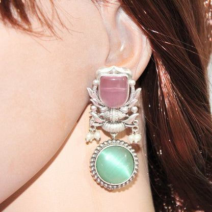 GULDASTA TWO STONE DANGLER EARRING - PINK & GREEN
