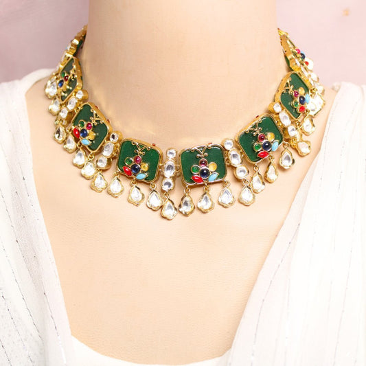 GULMOHAR- POLKI & STONE NECKLACE-GREEN