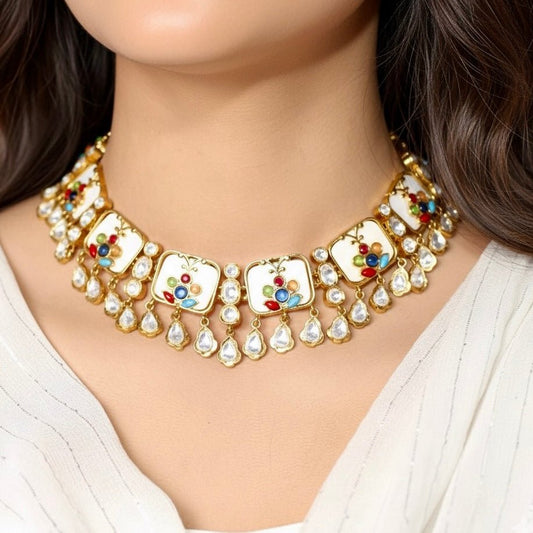 GULMOHAR- POLKI & STONE NECKLACE-WHITE