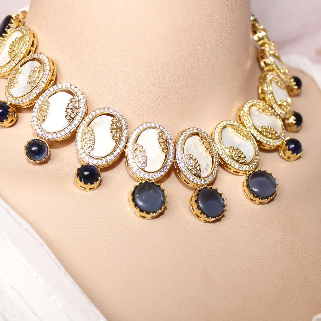 GULMOHAR-MOTHER OF PEARL STONE NECKLACE SET-BLUE