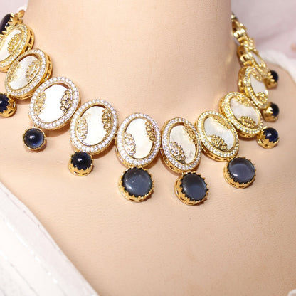 GULMOHAR-MOTHER OF PEARL STONE NECKLACE SET-BLUE