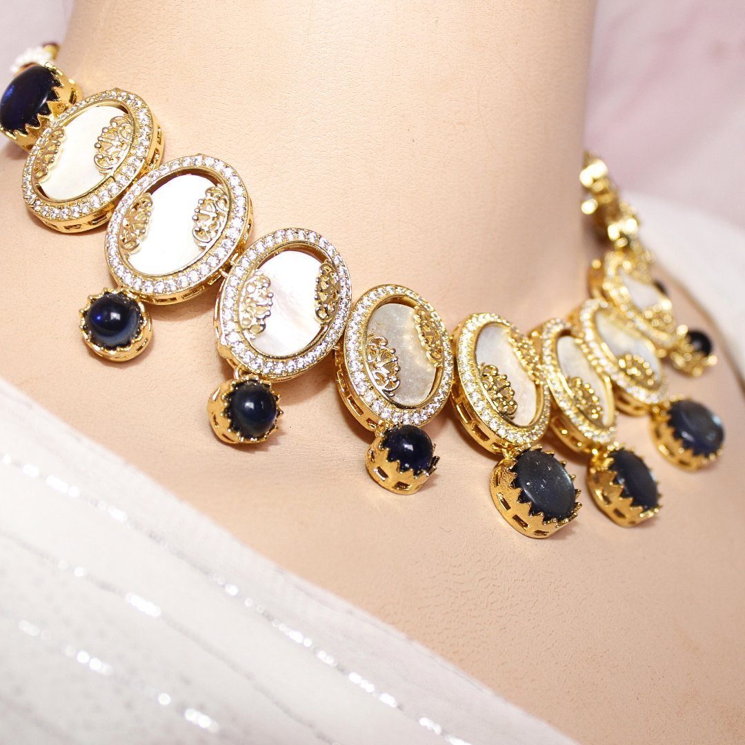 GULMOHAR-MOTHER OF PEARL STONE NECKLACE SET-BLUE