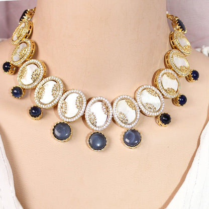 GULMOHAR-MOTHER OF PEARL STONE NECKLACE SET-BLUE