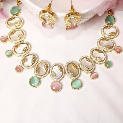 GULMOHAR - MOTHER OF PEARL STONE NECKLACE SET - MAUVE & MINT