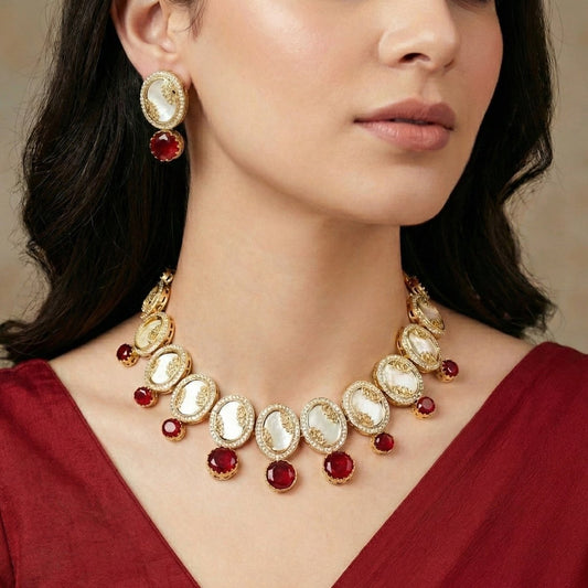 GULMOHAR-MOTHER OF PEARL STONE NECKLACE SET-RED
