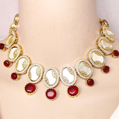 GULMOHAR - MOTHER OF PEARL STONE NECKLACE SET - RED