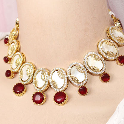 GULMOHAR - MOTHER OF PEARL STONE NECKLACE SET - RED