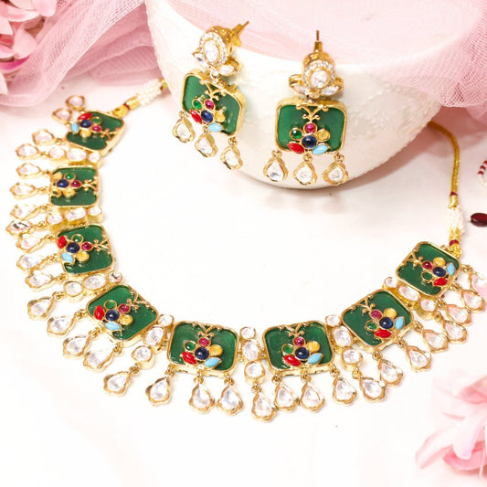 GULMOHAR - POLKI & STONE NECKLACE - GREEN