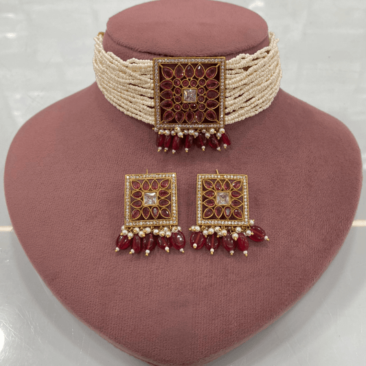Gulnaar Kundan Pearl Choker Set – Ruby Red Editi