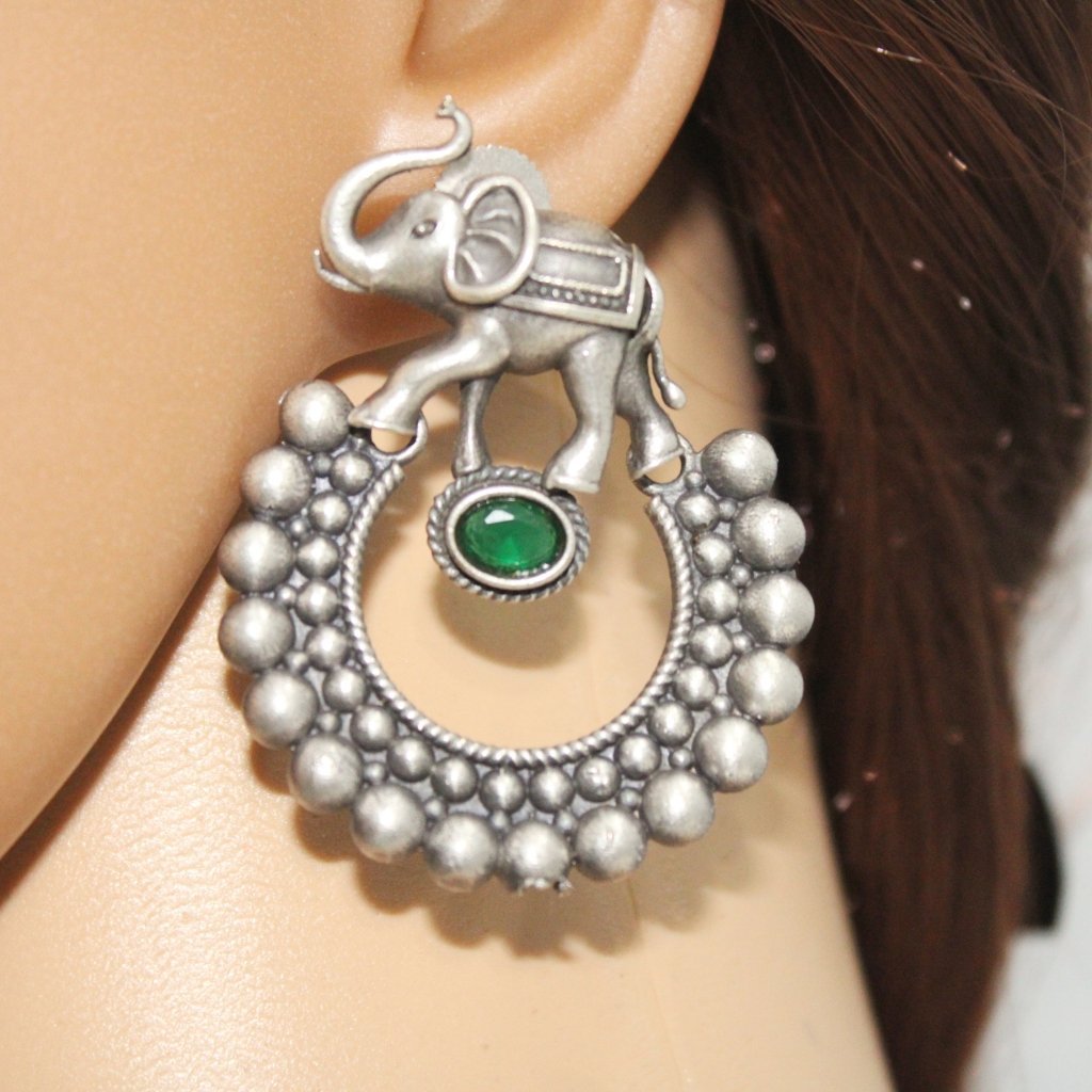 HAATHI WITH DOTTED RING PATTERN OXIDISED JHUMKA-GREEN