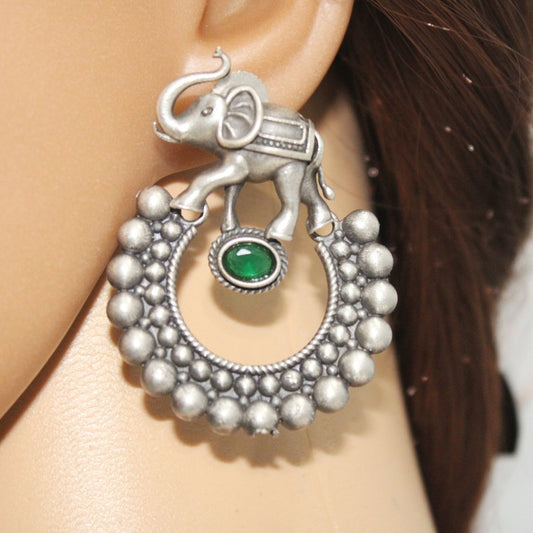HAATHI WITH DOTTED RING PATTERN OXIDISED JHUMKA - GREEN