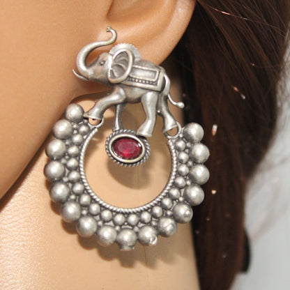 HAATHI WITH DOTTED RING PATTERN OXIDISED JHUMKA - RED