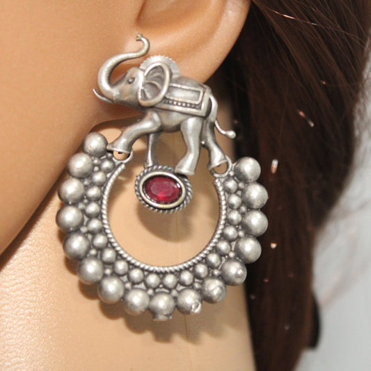 HAATHI WITH DOTTED RING PATTERN OXIDISED JHUMKA - RED