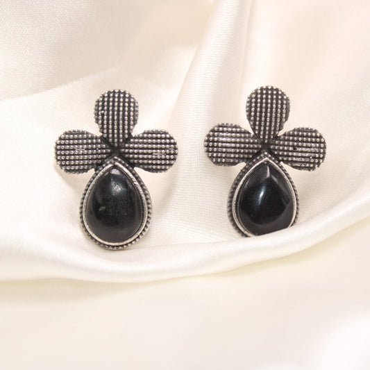 HALF FLOWER & DROP PATTERN STUD WITH STONE - BLACK