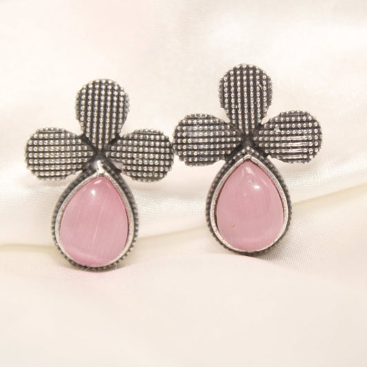 HALF FLOWER & DROP PATTERN STUD WITH STONE - PINK