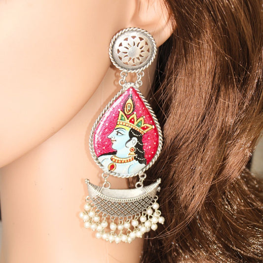 HANDPAINTED BIG JHUMKA - ORANGE PINK & BLUE