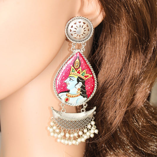 HANDPAINTED BIG JHUMKA - ORANGE PINK & BLUE