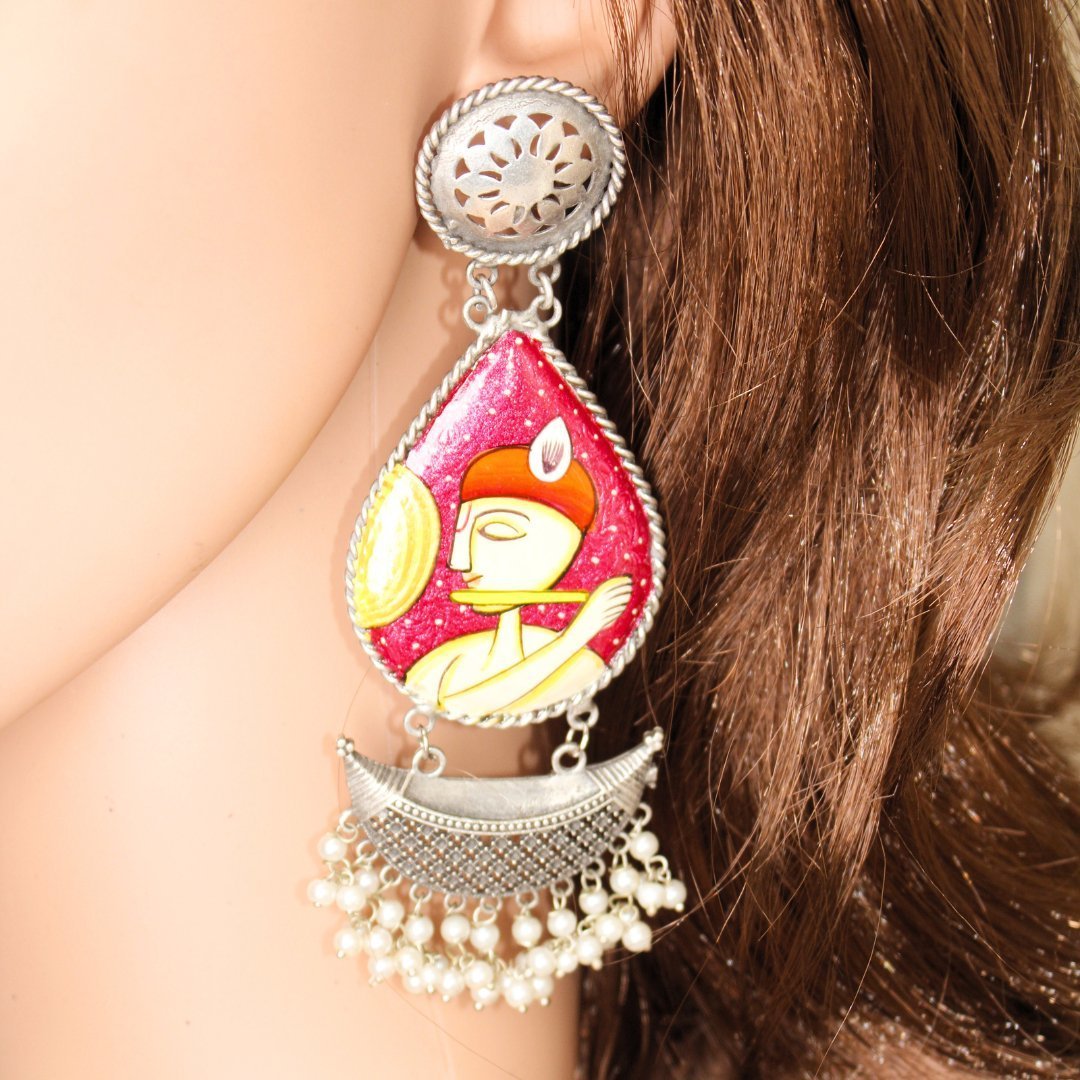HANDPAINTED BIG JHUMKA-PINK KRISHNA