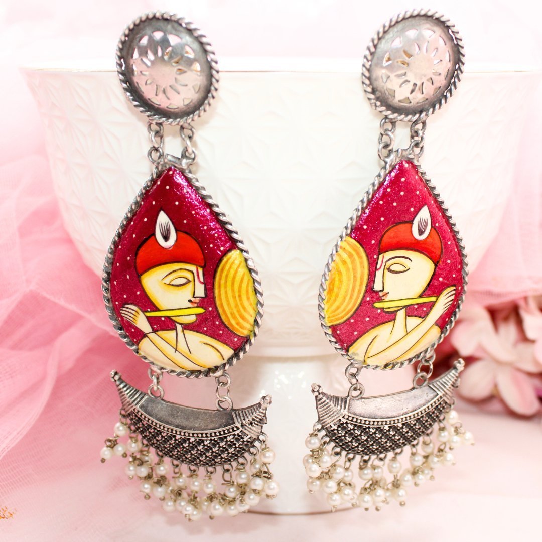 HANDPAINTED BIG JHUMKA-PINK KRISHNA