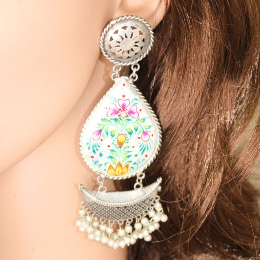 HANDPAINTED BIG JHUMKA - WHITE FLOWER