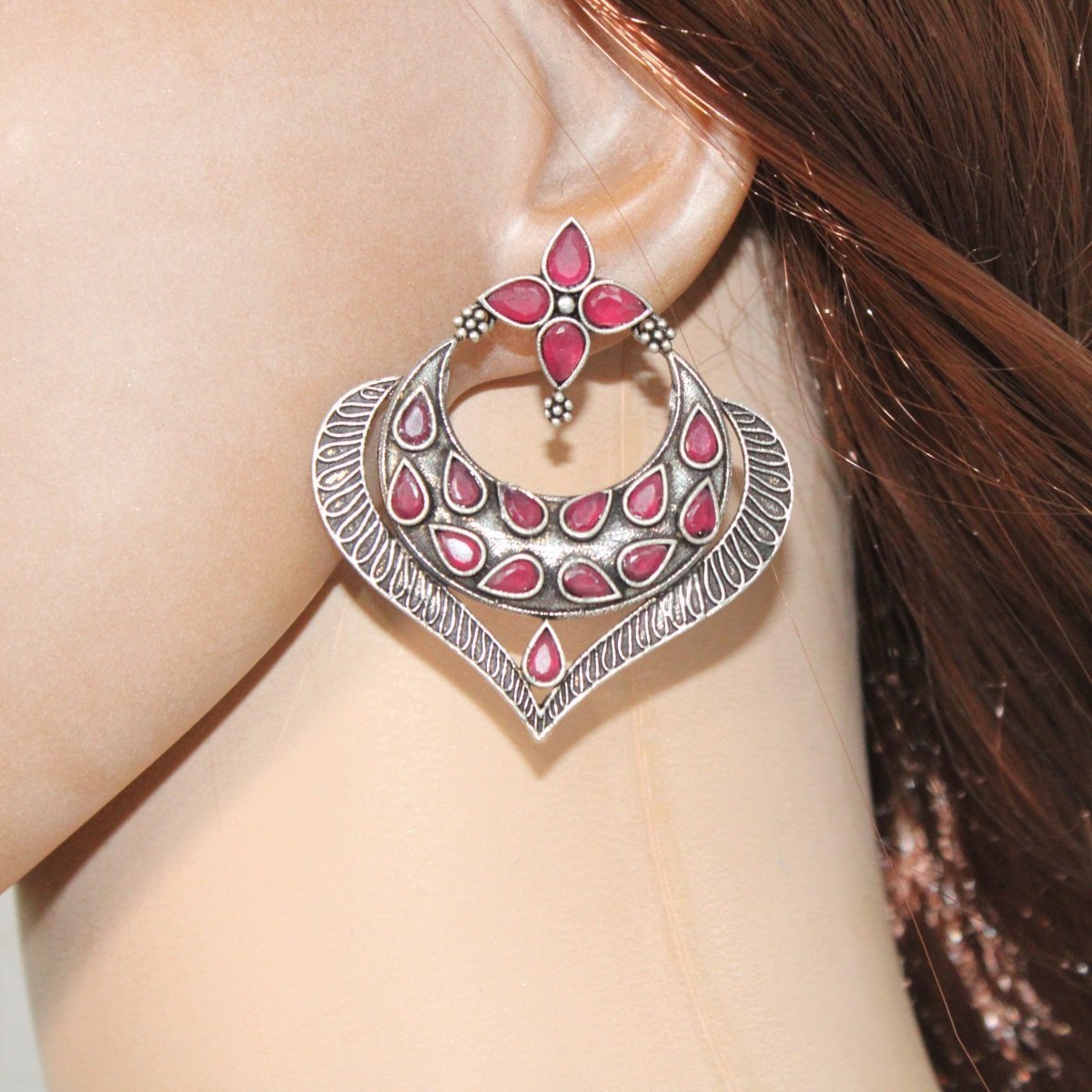HEART & MOON PATTERN EARRINGS-MAGENTA
