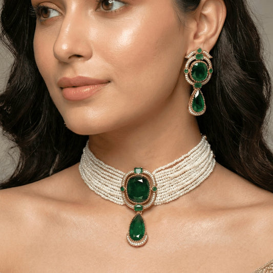 Jadau Choker and Earring Set with Pearl Strands-DARK GREEN