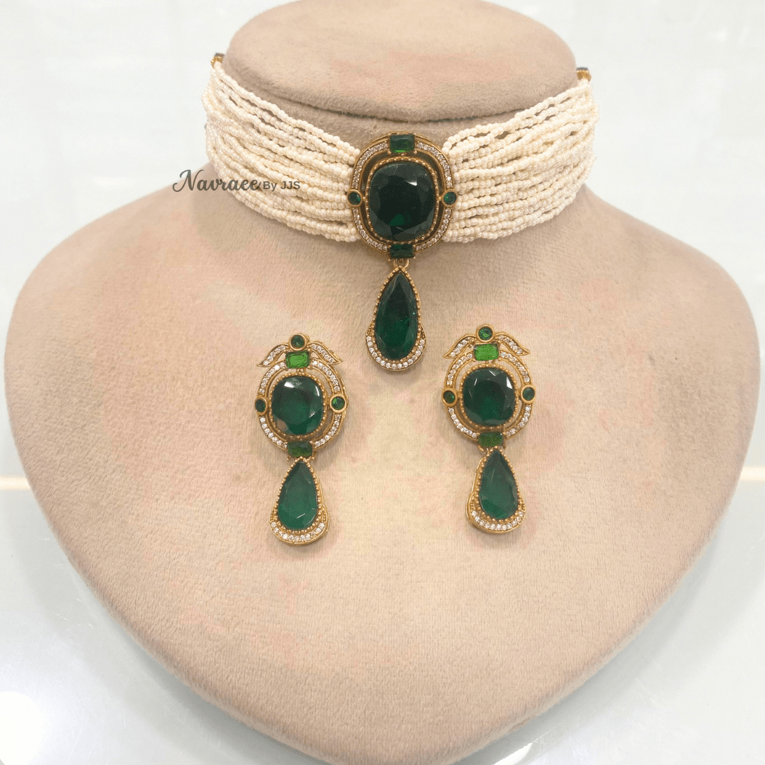 Jadau Choker and Earring Set with Pearl Strands - DARK GREEN