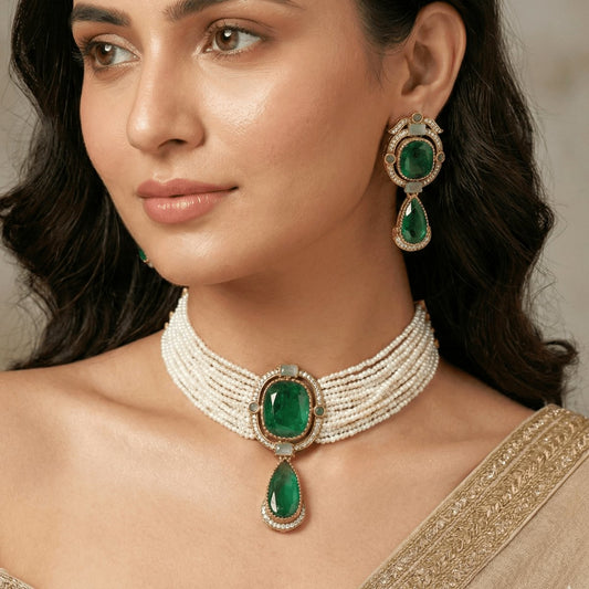 Jadau Choker and Earring Set with Pearl Strands-GREEN