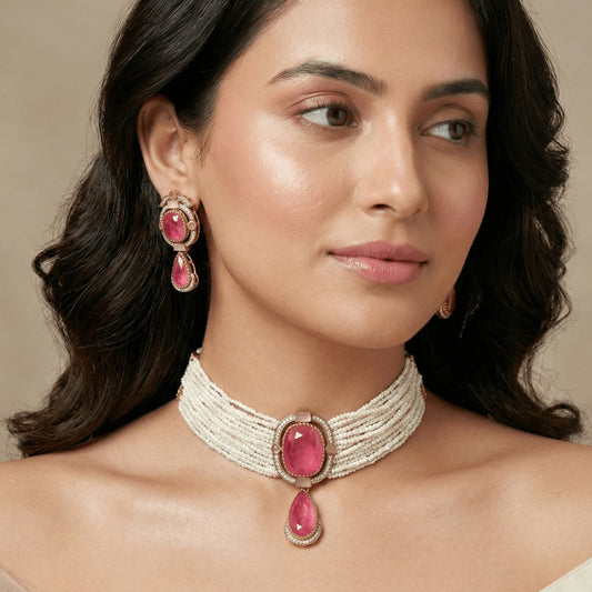 Jadau Choker and Earring Set with Pearl Strands-PINK