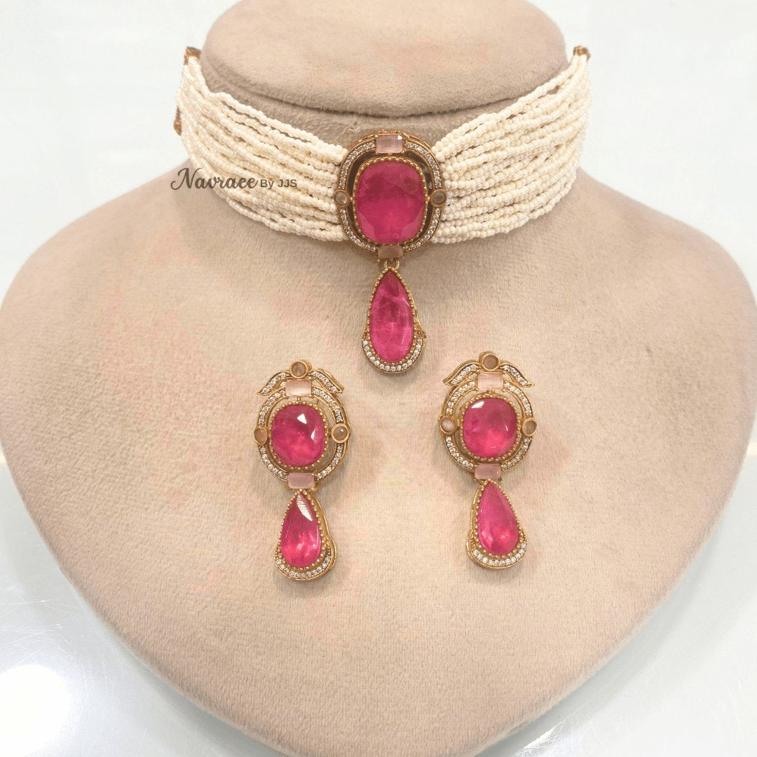 Jadau Choker and Earring Set with Pearl Strands-PINK