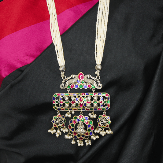 JADAU KUNDAN PURE LAKSHMI PENDANT SET - MAGENTA BLUE GREEN