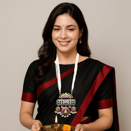 JADAU KUNDAN PURE LAKSHMI PENDANT SET-MAGENTA GREEN