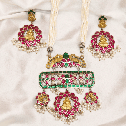 JADAU KUNDAN PURE LAKSHMI PENDANT SET - MAGENTA GREEN