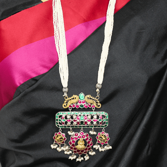 JADAU KUNDAN PURE LAKSHMI PENDANT SET - MAGENTA GREEN