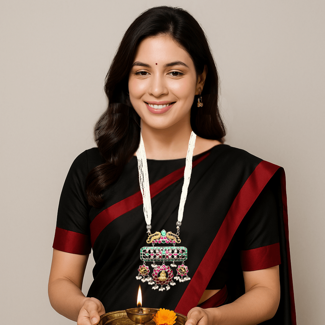 JADAU KUNDAN PURE LAKSHMI PENDANT SET - MAGENTA GREEN