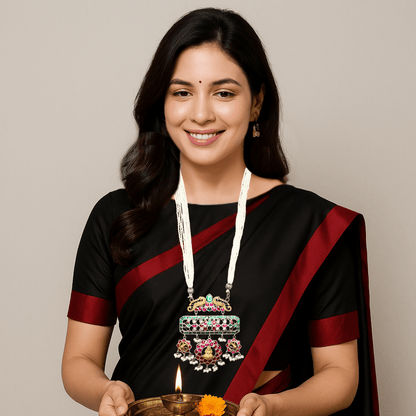 JADAU KUNDAN PURE LAKSHMI PENDANT SET - MAGENTA GREEN