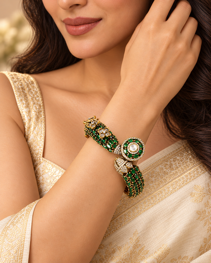 Round Medallion Floral Stone Kada - Green — AI-styled model view