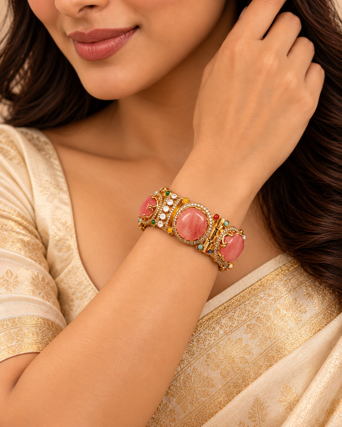 Round Pastel Stone Statement Kada - Pink — AI-styled model view
