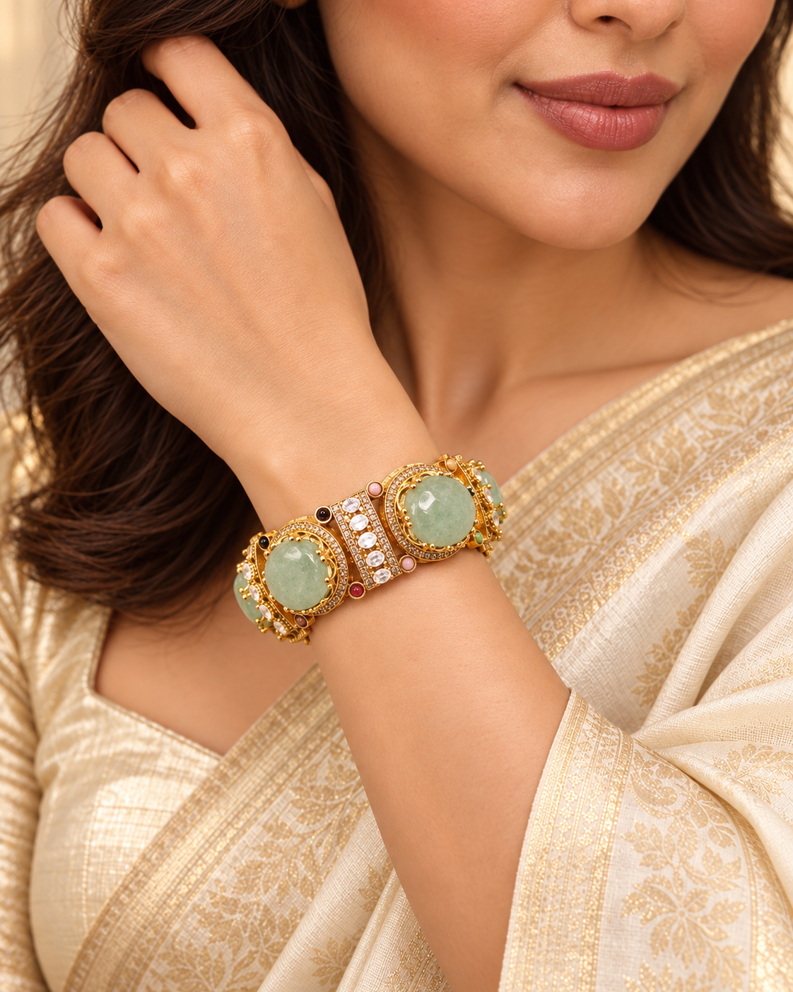 Round Pastel Stone Statement Kada - Mint — AI-styled model view