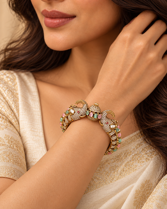 Twin Elephant Stone Openable Kada - Pink and Mint - model view