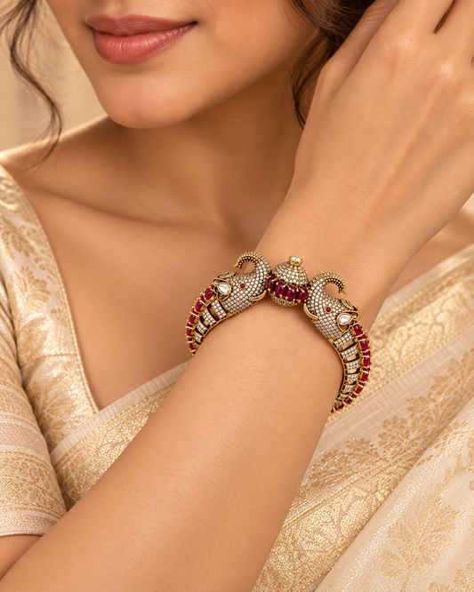 Twin Elephant Stone Openable Kada - Ruby - model view