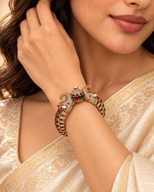 Twin Elephant Stone Openable Kada - Ruby and Green - model view