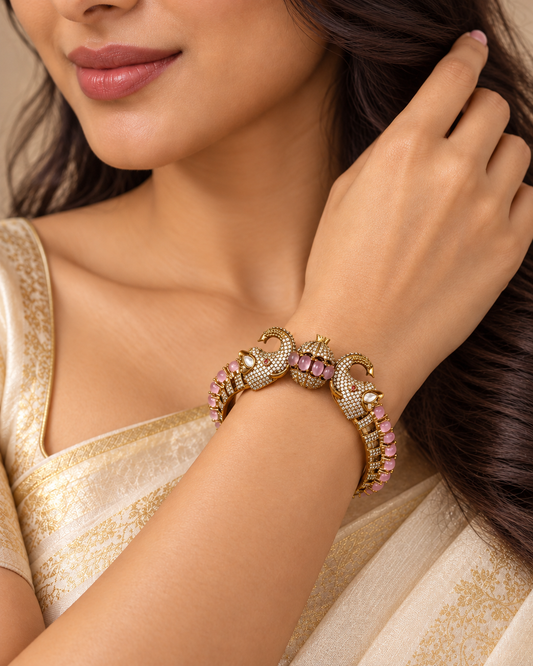 Twin Elephant Stone Openable Kada - Pink - model view