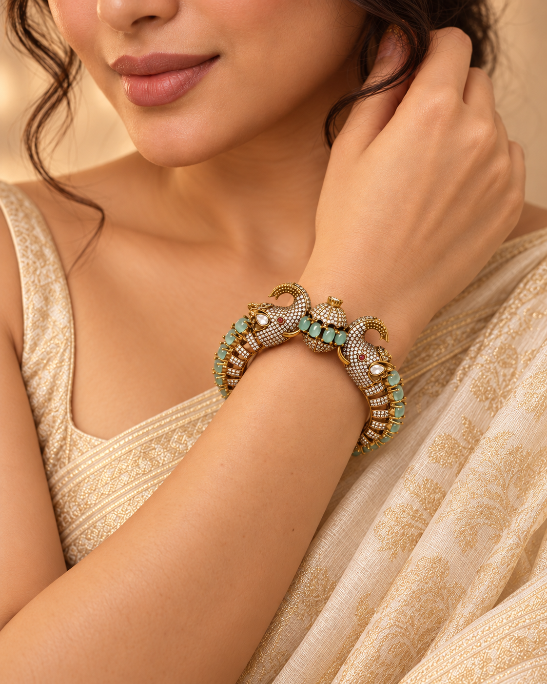 Twin Elephant Stone Openable Kada - Mint - model view
