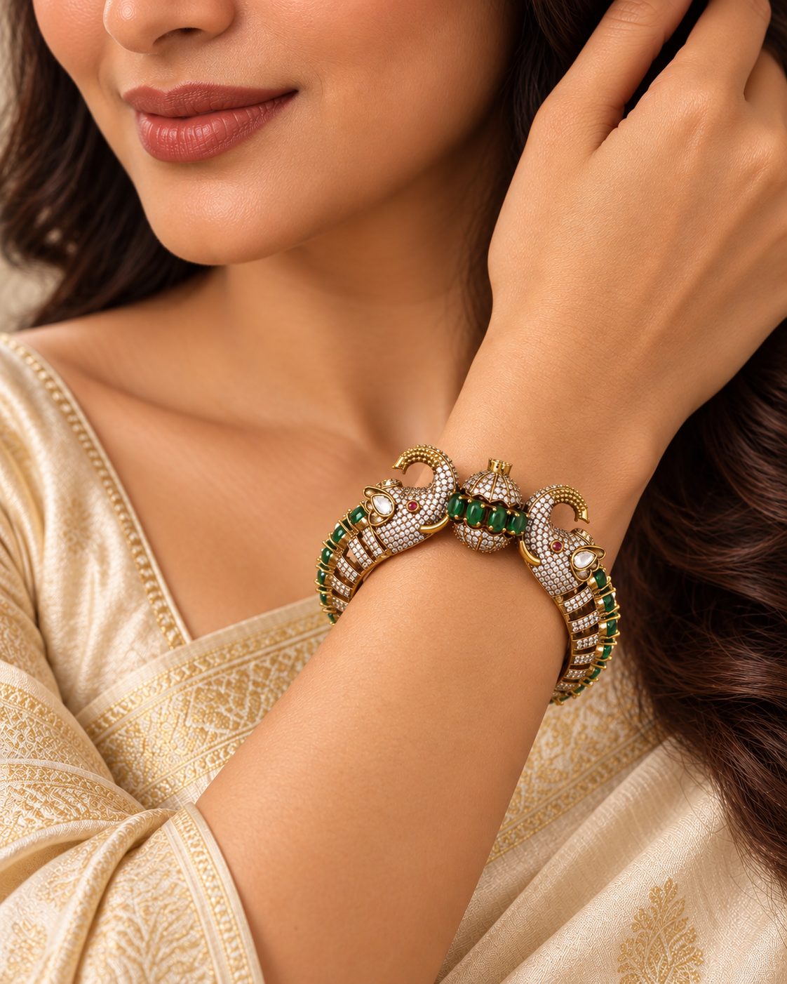 Twin Elephant Stone Openable Kada - Green - model view