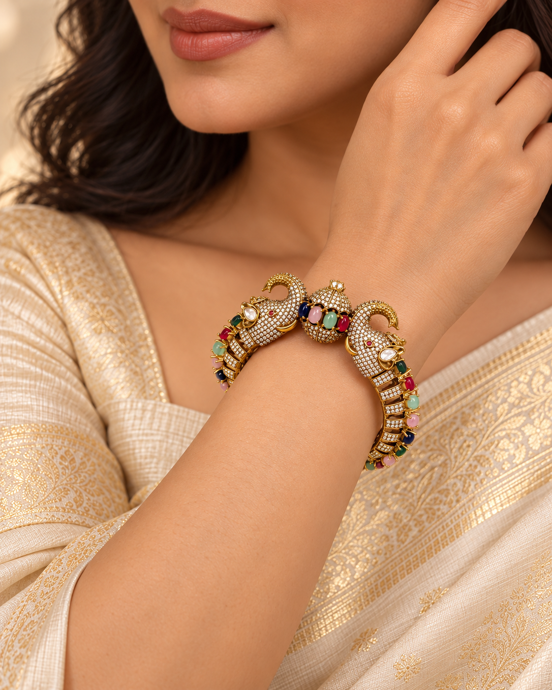 Twin Elephant Stone Openable Kada - Multicolour - model view
