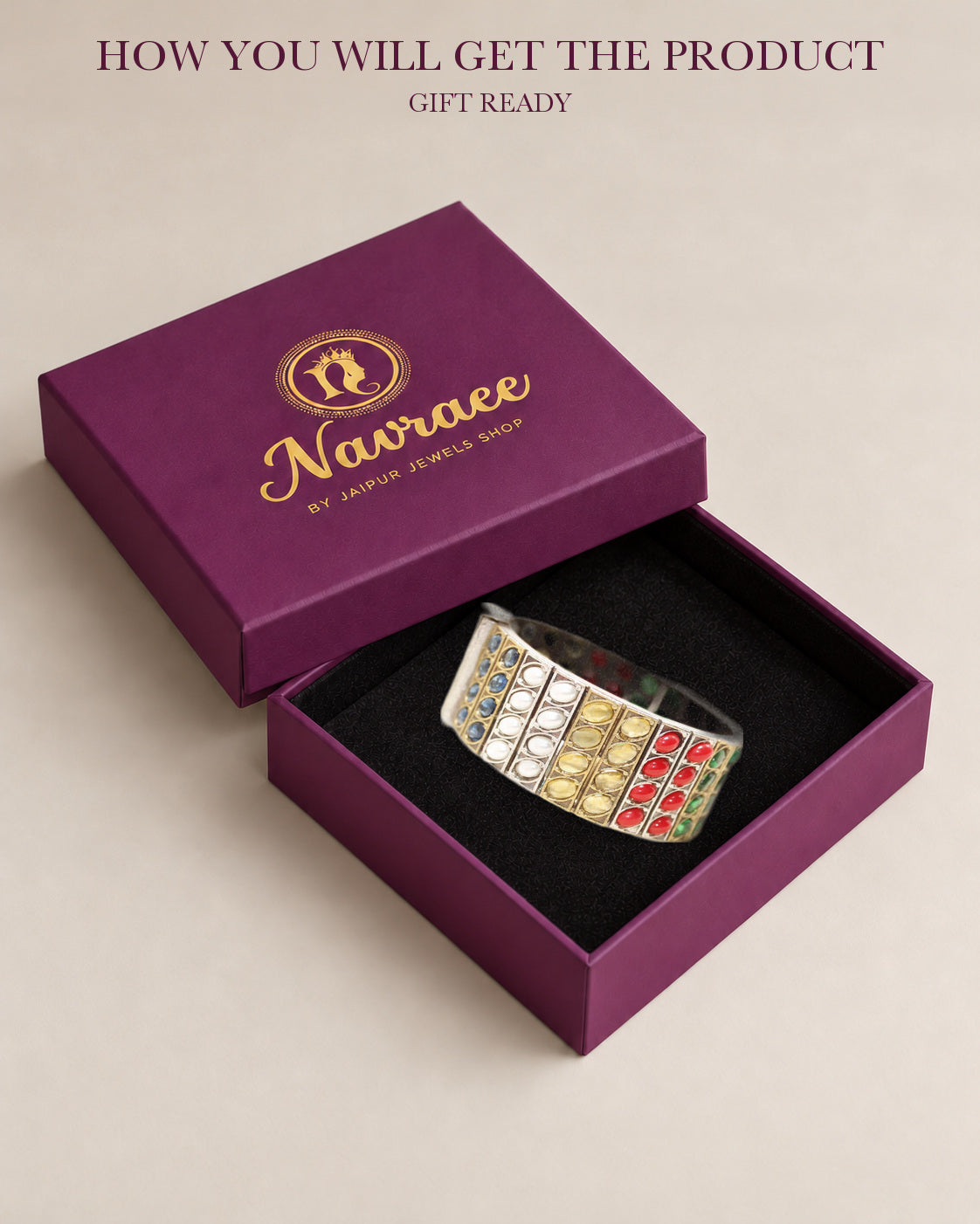 Kala Dual-Tone Monalisa Stone Kada-Navratan-Multicolour resting inside the open Navraee gift-ready presentation box.